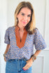 Ashleigh Blue Leopard Print Spot Contrast V Neck Half Puff Sleeve Shirt
